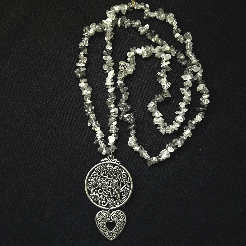 🦋VTG Handmade Natural Black Rutile Quartz Chip Bead Necklace Silver Pendant